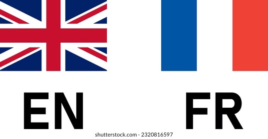 Par de iconos de la bandera, incluyendo el botón de símbolo de selección de inglés y francés del Reino Unido y Francia. Imagen vectorial.