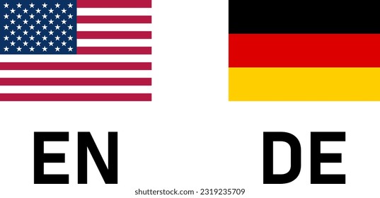 Par de iconos de la bandera que incluye las marcas de Estados Unidos y Alemania para el botón de símbolo de selección de idioma inglés y alemán. Imagen vectorial.
