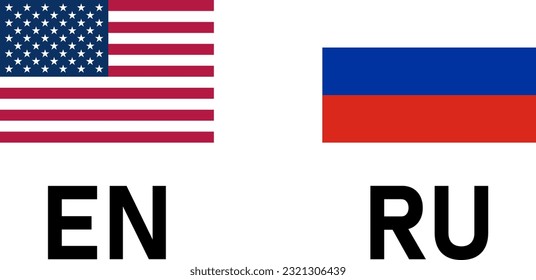 Flag Icon Pair inklusive USA und Russland Flaggen für die englische und russische Sprachauswahl Symbol Button. Vektorbild.