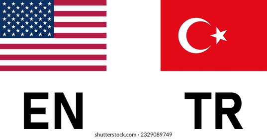 Flag Icon Pair including USA and Turkey Flags for English and Turkish Language Selection Symbol Button. Vector Image.