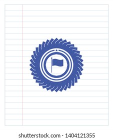 flag icon pen emblem. Blue ink. Vector Illustration. Detailed.