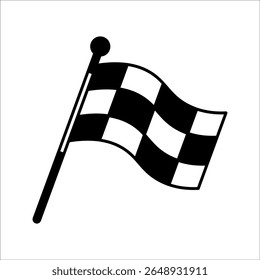 Icono de la bandera. Cartel de carreras. Bandera de carreras a cuadros. Bandera de carreras a cuadros en el asta. Bandera en blanco y negro. Ilustración vectorial. Signo de finalización, signo de inicio. Símbolo de carreras. Símbolo de competición. Icono del juego.