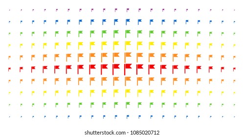 Flag icon rainbow colored halftone pattern. Vector flag shapes are organized into halftone grid with vertical spectral gradient. Designed for backgrounds, covers, templates and abstraction effects.