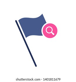 Flag icon with research sign. Location marker icon and explore, find, inspect symbol 