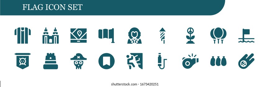 flag icon set. 18 filled flag icons. Included Referee, Petronas, Gps, Flag, George washington, Fireworks, Peace, Balloons, Flags, Jolly roger, Castle, Pirate, Bookmark, Climbing icons
