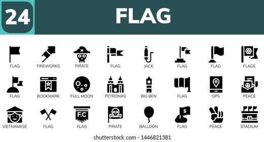 flag icon set. 24 filled flag icons.  Collection Of - Flag, Fireworks, Pirate, Jack, Flags, Bookmark, Full moon, Petronas, Big ben, Gps, Peace, Vietnamese, Balloon, Stadium
