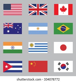 Flag icon set . Set of flag : America , United Kingdom , Canada . Australia , Argentina , Brazil , India , Uruguay , Japan , Cuba , China , South Korea . Vector illustration