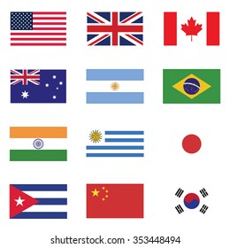 Flag Icon Set . Set Of Flag : America , United Kingdom , Canada . Australia , Argentina , Brazil , India , Uruguay , Japan , Cuba , China , South Korea . Vector Illustration