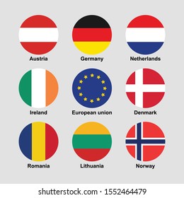 flag icon set. Austria, Germany, Netherlands, Ireland, European Union, Denmark, Romania, Lithuania, Norway colorful isolated vector illustration