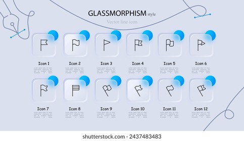 Flag icon set. Coat of arms, country, anthem, banner, symbol, flagpole, pole, ship. Glassmorphism style. Vector line icon for business and advertising