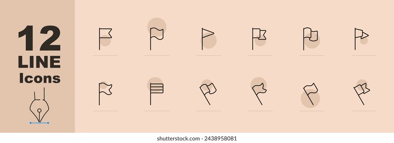 Flag icon set. Coat of arms, country, anthem, banner, symbol, flagpole, pole, ship. Pastel color background. Vector line icon for Business