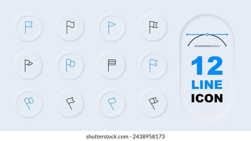 Flag icon set. Coat of arms, country, anthem, banner, symbol, flagpole, pole, ship. Neomorphism style. Vector line icon for business and advertising