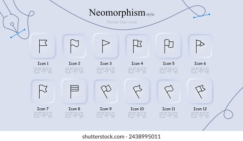 Flag icon set. Coat of arms, anthem, country, symbol, banner,flagpole, pole. Neomorphism style. Vector line icon for business and advertising