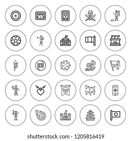 Flag icon set. collection of 25 outline flag icons with castle, eu, fireworks, jolly roger, golfer, flag, gps, flags, japan, meteorite, navigation icons. editable icons.