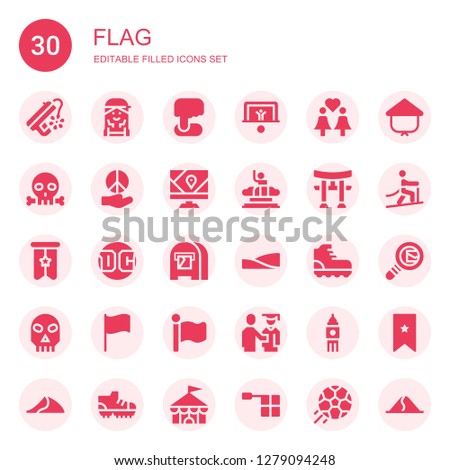 flag icon set. Collection of 30 filled flag icons included Peace, Checker, Position, Penalty, Same sex marriage, Skull, Gps, Columbia, Torii, Banner, Dc, Mail box, Dunes, Climbing