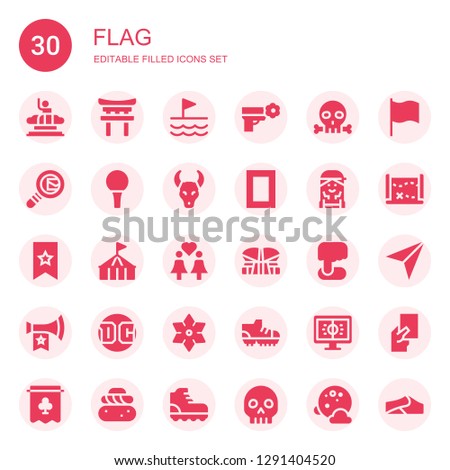 flag icon set. Collection of 30 filled flag icons included Columbia, Torii, Flag, Peace, Skull, Search mail, Golf ball, National geographic, Checker, Bookmark, Circus, Same sex marriage