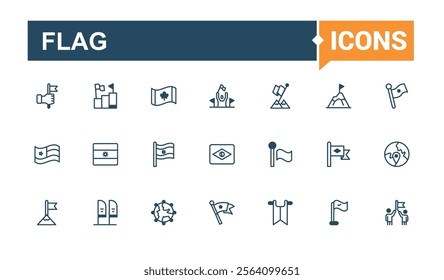 Flag icon set. Containing shape, pointer, website, red, pin, web, small and more. Thin outline icons pack. Editable vector outline and solid icons.