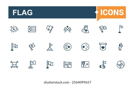 Flag icon set. Containing shape, pointer, website, red, pin, web, small and more. Thin outline icons pack. Editable vector outline and solid icons.