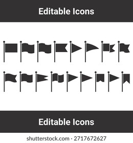 Flag icon set featuring various black silhouette shapes including pennant, banner, and rectangular wavy map markers
