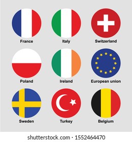 flag icon set. France, Italy, Switzerland, Poland, Ireland, European Union, Sweden, Turkey, Belgium colorful isolated vector illustration