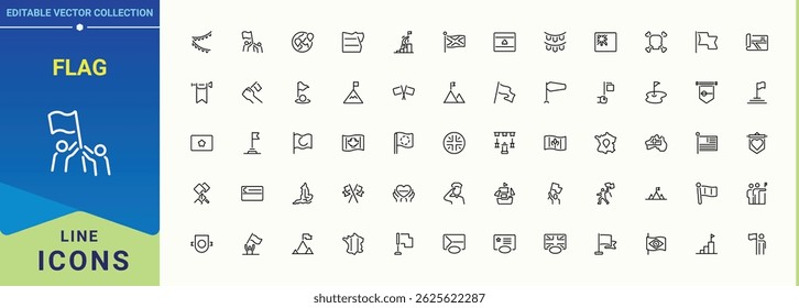 Kennzeichensymbolsatz. Enthält Symbole für Marke, Banner, Wahrzeichen, Sieg und mehr. Symbolsatz für Position markieren. Paket mit minimalistischen Symbolen. Bearbeitbarer Vektor.