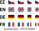 Flag Icon Set including Czechia UK United Kingdom Germany and France Flags for Czech English German and French Language Selection Symbol Button. Vector Image.