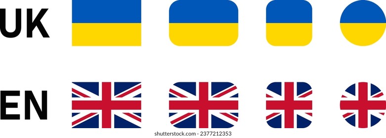 Flag Icon Set including UK United Kingdom and Ukraine Flags for English and Ukrainian Language Selection Symbol Button. Vector Image.