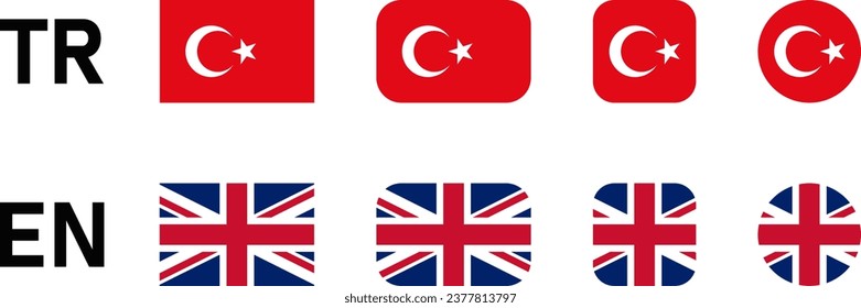 Flag Icon Set inklusive UK United Kingdom and Turkey Flaggen für die englische und türkische Sprachauswahl Symbol Button. Vektorbild.