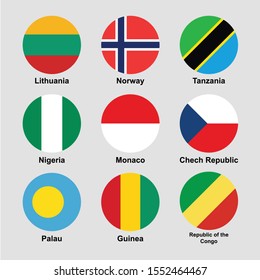 flag icon set. Lithuania, Norway, Tanzania, Nigeria, Monaco, Czech Republic, Palau, Guinea colorful isolated vector illustration