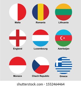 flag icon set. Malta, Romania, Lithuania, England, Luxembourg, Azerbaijan, Monaco, Czech Republic, Greece colorful isolated vector illustration