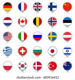 Flag icon set. Map pointers or markers with flags of USA, UK, Holland, Germany, Italy, Canada, France, Russia, China, Finland, Norway, Sweden, Australia,  Israel, Japan, Switzerland, Korea. Vector.