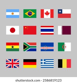 Flag icon set. National flags of argentina, brazil, canada, chile, japan, china, thailand, qatar, ghana, south africa, cape verde, algeria, uk, germany, greece, belgium