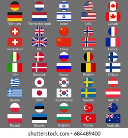 Flag icon set. National flags of USA, UK, Holland, Germany, Italy, Canada, France, Russia, China, Finland, Norway, Sweden, Australia,  Israel, Japan, Switzerland, Korea, Belgium, Finland. Vector.