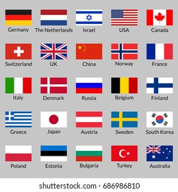Flag Icon Set. National Flags Of USA, UK, Holland, Germany, Italy, Canada, France, Russia, China, Finland, Norway, Sweden, Australia,  Israel, Japan, Switzerland, Korea, Belgium, Finland. Vector.