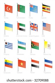 Flag icon set (part 12) Turkey, Turkmenistan, Tuvalu, Uganda, Ukraine, United Arab Emirates, Great Britain, USA, Uzbekistan, Vanuatu, Vatican, Venezuela, Vietnam, Yemen, Yugoslavia