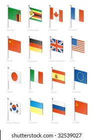 Flag icon set (part 13) Zambia, Zimbabwe, Canada, France, China, Germany, Great Britain, USA, Japan, Italy, Spain, EU, South Korea, Ukraine, Russia, USSR