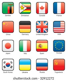 Flag icon set (part 13) Zambia, Zimbabwe, Canada, France, China, Germany, Great Britain, USA, Japan, Italy, Spain, EU, South Korea, Ukraine, Russia, USSR