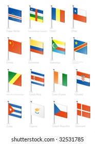 Flag icon set (part 3) Cape Verde, Central African Republic, Chad, Chile, China, Columbia, Democratic republic of the Congo, Congo, Costa Rica, Cote d`Ivoire, Croatia, Cuba, Cyprus, Czechia, Denmark