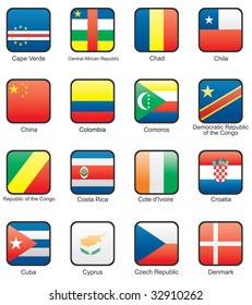 Flag icon set (part 3) Cape Verde, Central African Republic, Chad, Chile, China, Columbia, Congo, Costa Rica, Cote d`Ivoire, Croatia, Cuba, Cyprus, Czechia, Denmark,