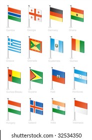Flag icon set (part 5) Gambia, Georgia, Germany, Ghana, Greece, Grenada, Guatemala, Guinea, Guinea-Bissau, Guyana, Haiti, Honduras, Hungary, Iceland, India, Indonesia