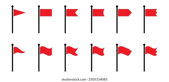 Flag icon. Set of red flag icons. Waving flag icon. Different flag icons set. Vector illustration.