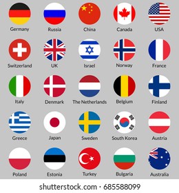 Flag icon set. Round or circle flags of USA, UK, Holland, Germany, Italy, Canada, France, Russia, China, Finland, Norway, Sweden, Australia,  Israel, Japan, Switzerland, Korea. Vector illustration.