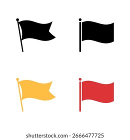 Kennzeichensymbolsatz mit verschiedenen Farben und Stilen, einschließlich Schwarz, Gelb und Rot. Die Fahnen schwenken auf weißem Hintergrund.
