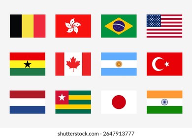 Flag icon set. Simple vector flags of the different countries. beligum, hong kong, brazil, usa, ghana, canada, argentina, turkey, netherlands, togo, japan, india 