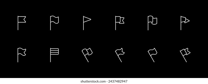 Flag icon set. Sports, 100 meter race, flagpole, country, symbol, patriotism, independence day. White line icon on black background. Vector line icon for business and advertising