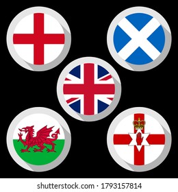 Flag Icon Set of United Kingdom, England, Scotland, Wales and Northern Ireland. Isolated on black background