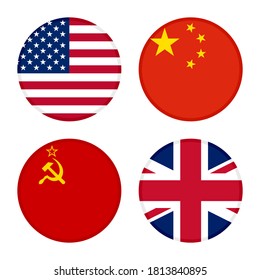 icono de bandera de estados unidos, china, unión soviética y reino unido. aislado en fondo blanco