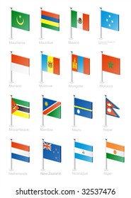 Flag icon set(part 8) Mauritania, Mauritius, Mexico, Micronesia, Monaco, Moldova, Mongolia, Morocco, Mozambique, Namibia, Nauru, Nepal, Netherlands, New Zealand, Nicaragua, Niger