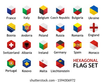 Flag icon Vector Set hexagonal shape with captions. European Flags in Creative design isolated on white background.