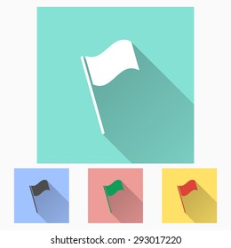 Flag - icon is white with long shadow, flat design. Vector illustration.